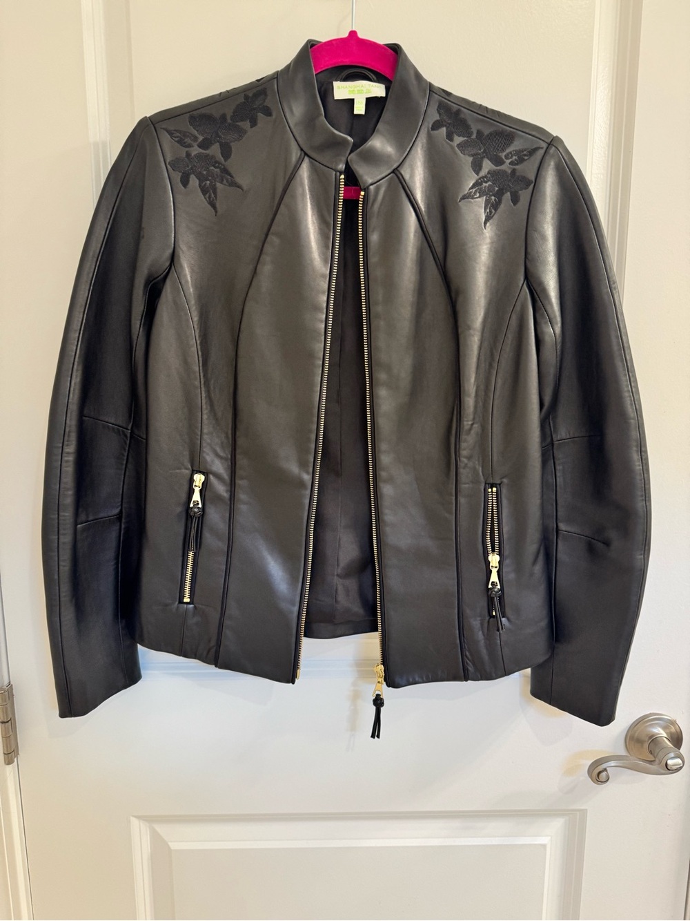 Shanghai Tang Black Leather Jacket with Embroidered Shoulders